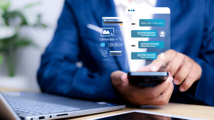 Chat with AI or Artificial Intelligence. Young businessman chatting with a smart AI or artificial intelligence using an artificial intelligence chatbot developed by OpenAI.