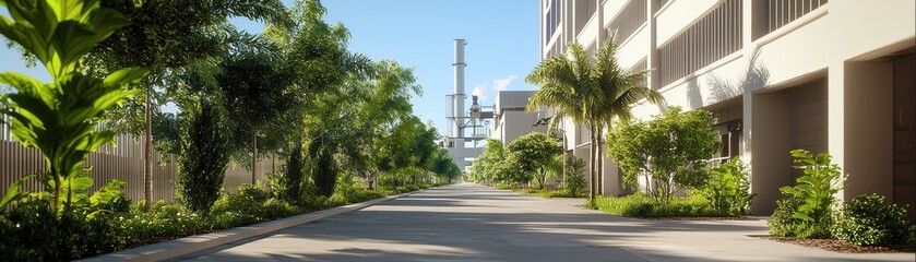 Urban Industrial Pathway Flanked by Lush Greenery and Modern Buildings Under Clear Sky