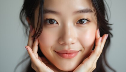 A beautiful young Asian woman with flawless skin and a warm smile gently cradles her face with her hands. Her expressive eyes and soft features radiate joy and confidence, creating an inviting and