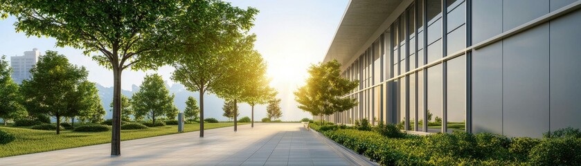 Modern Architecture with Green Landscape at Sunrise in Urban Environment