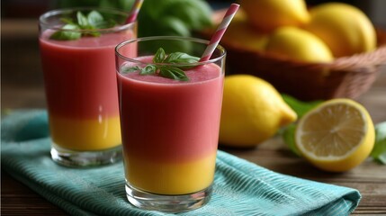 Fototapeta premium Refreshing layered fruit smoothies with fresh lemons on wooden table