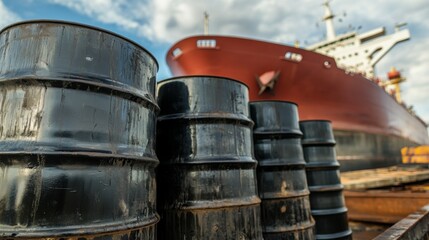 A closeup shot of a ships cargo hold being loaded with barrels of oil illustrating the physical process and labor involved in oil and gas shipping.