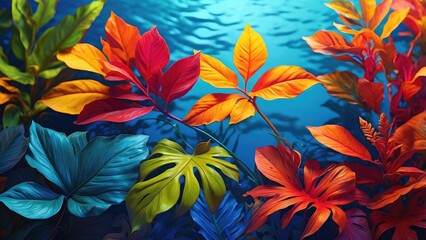 A vibrant composition of tropical leaves in shades of yellow, orange, and red, set against a soft, blurred blue background