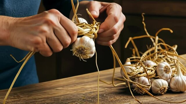 Hands separating fresh garlic bulbs