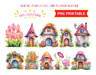 Fairy house and flower clipart illustration on white transparent background