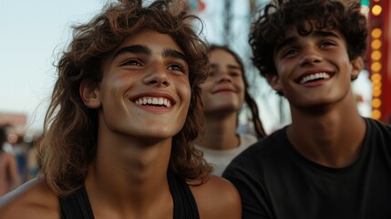 Fototapeta premium A group of teenagers enjoying a day at the amusement park, laughing and shouting.