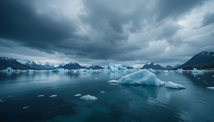 Fototapeta premium Icebergs in Calm Water Under Dramatic Sky