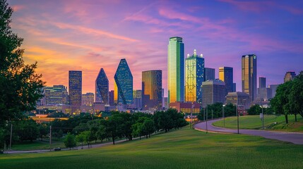 Obraz premium A beautiful city skyline at twilight with skyscrapers glowing in the dusk light.
