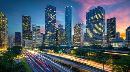 A bustling urban skyline with skyscrapers illuminated at night.