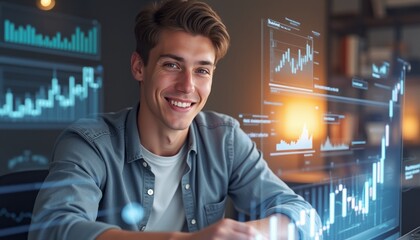 A cheerful young man with light brown hair sits confidently in front of a futuristic display of financial graphs and data. His engaging smile radiates positivity, embodying the spirit of innovation