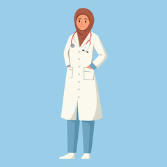 Muslim Doctors Medical personnel in white coats. Flat vector illustration on blue background.
