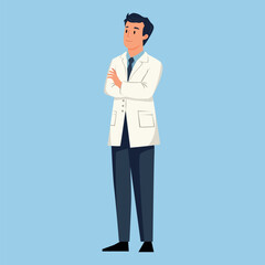 Cute man doctor in white coat. Flat vector illustration on blue background.