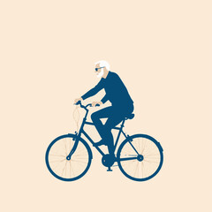Fototapeta premium Elderly man with white hair riding bicycle. Symbolizes active aging, senior fitness, independence, and healthy lifestyle. Flat vector illustration. 