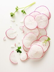 Thinly sliced radish with herbs on white background