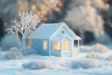 Cozy winter house in snowy forest