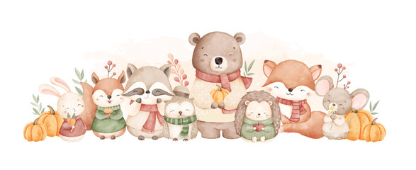 Watercolor Illustration Cute Woodland Animals in Autumn Season with Pumpkins and Leaves
