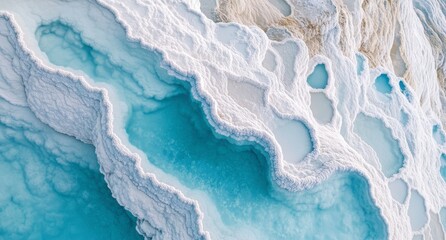 A beautiful blue and white landscape with a lot of ice and water. The blue and white colors create a serene and peaceful mood, while the ice and water give the impression of a frozen