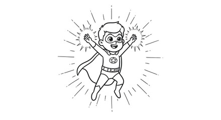 Obraz premium Child Superhero with Light Power Aura Coloring Page - Simple Glowing Effect Line Art
