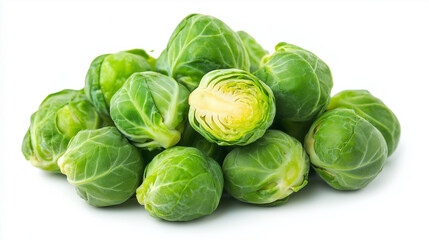 Obraz premium Several crisp Brussels sprouts arranged naturally on clean white