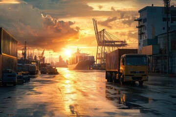 Fototapeta premium Sunset over busy port with trucks and cargo ships, reflecting on wet pavement, industrial scene