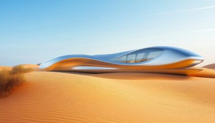 A futuristic building is on a sandy desert landscape. The building is tall and has a unique design. The sky is clear and blue, and the sun is shining brightly. Scene is futuristic and modern