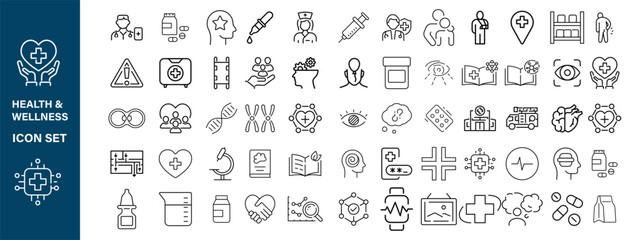 Health & Wellness  icon set ,Big set of digital healthcare line icons. Diagnosis, technology, app etc. Editable stroke