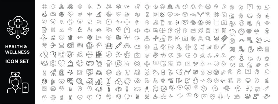 Health & Wellness  icon set ,Mental health web icons in line style. Psychology, depression, bipolar, PTSD, therapy, psychologist, schizophrenia, dementia, stress. Vector illustration.