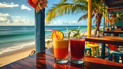 Vibrant tropical cocktails served on a beachside bar with palm trees and ocean waves in the background