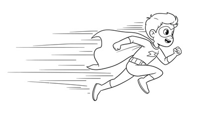 Fototapeta premium Super Speed Child Superhero Coloring Page - Running Fast with Motion Lines Line Art