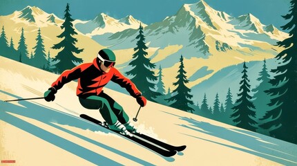 A retro illustration in a vintage poster style shows a skier on the slope of the Alps. Bright accents and graphic texture create a nostalgic atmosphere of a winter holiday.