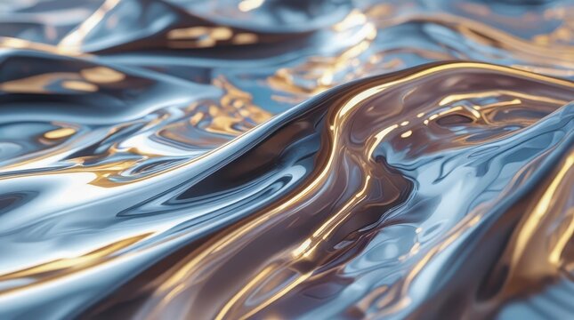 Flowing, mirror-metallic surfaces create a sense of movement and depth. Abstract reflections and curves form a fantastic, surreal landscape.