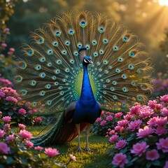 Obraz premium A vibrant peacock displays its iridescent train amidst a lush garden of pink blossoms. Golden sunlight bathes the scene, highlighting the intricate details of the feathers and flowers. 