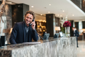 A smiling hotel receptionist making a phone call while working at the hotel counter in the lobby. Ai generated.