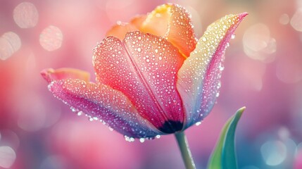 Fototapeta premium Closeup of a Dew-Covered Pink and Orange Tulip