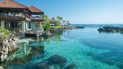 A luxury resort overlooking a serene lagoon with clear water.