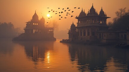 Naklejka premium Silhouette Temples on Calm Lake at Sunrise