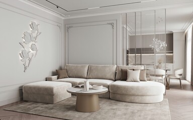 Modern contemporary living room with kitchen and dining room. Luxurious apartment background with contemporary design. Modern interior design with sofa and TV wall. 3D render, 3D illustration.