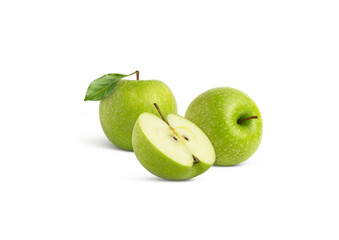 Green apple with leaf and chopped apple. Granny smith apples and a half isolated.