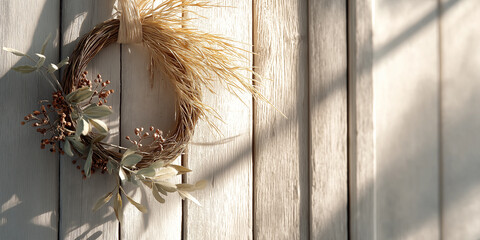 A wreath made of dried leaves and twigs is hanging on a wooden wall