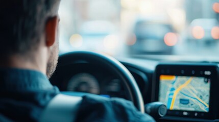 Taxi driver navigating gps for long distance journey in urban environment dynamic cityscape view