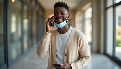 A cheerful young Black man, dressed in a cozy beige cardigan, is engaged in a lively phone conversation, showcasing a bright smile. The modern hallway setting, with large windows allowing natural