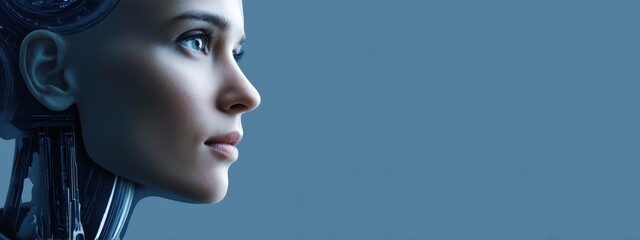 Cyborg woman's profile on blue, future tech concept