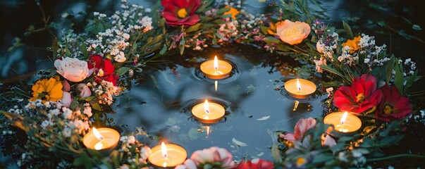 Aesthetic floral wreath with floating candles on water during a summer solstice celebration, evoking Slavic and Wiccan rituals with witchcore aesthetics