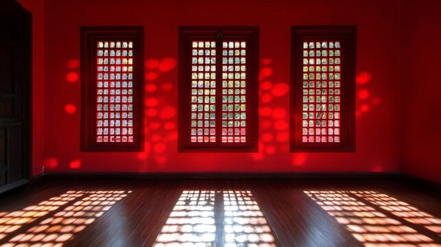 Red Room Interior with Capiz Shell Windows and Sunlight