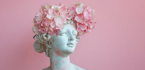 Ancient woman Statue with hydrangea flowers on head