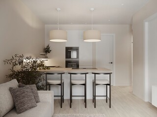 Wooden kitchen room with dining table and bar chairs, parquet floor. Kitchen open space room near living room area with bookshelf, wooden light furniture, 3D rendering no people