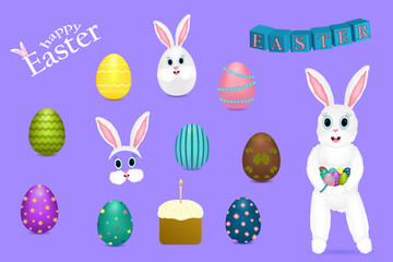 A festive Easter 3D clip art set featuring ornate eggs, a anthropomorphic characters and face - Easter bunnies, Easter cake, and - Happy Easter - text on a purple background.