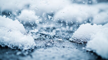 A close-up view of winter snow melting, with water droplets forming small streams.
