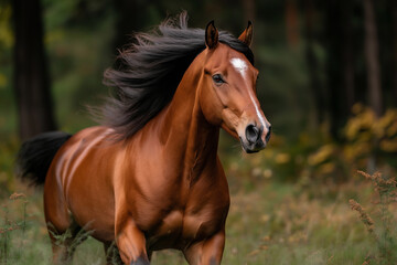 Obraz premium A brown horse with a black mane and tail is running through a field