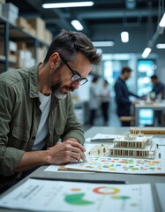 Fototapeta premium Caucasian male architect analyzing architectural model and blueprints in modern office